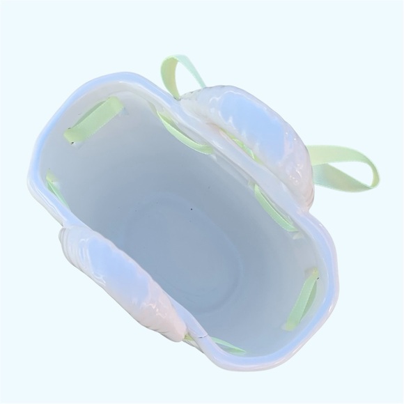 Small White Ceramic Market Basket Figurine with Pastel Green Ribbon - Picture 5 of 7